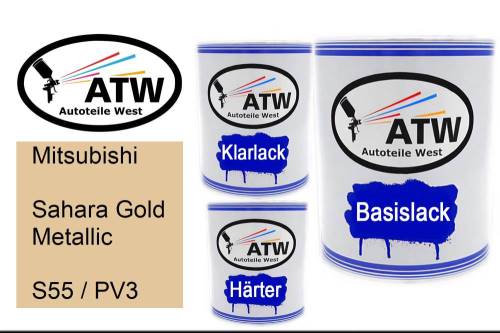 Mitsubishi, Sahara Gold Metallic, S55 / PV3: 1L Lackdose + 1L Klarlack + 500ml Härter - Set, von ATW Autoteile West.